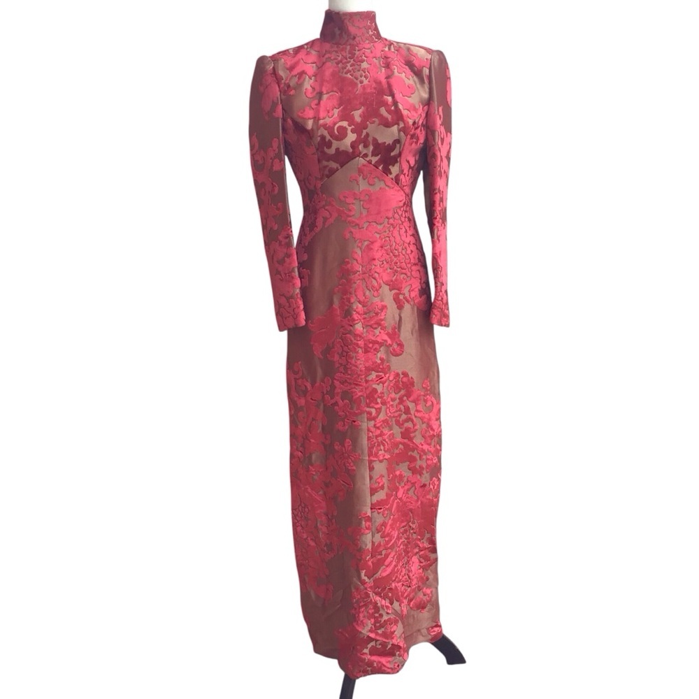Vintage Coral and Gold Embroidered Maxi Dress